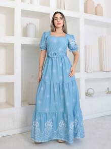 Victoria Long Crepe Printed Dress With Belt, Short Sleeves - 淺藍色 - 查看 3