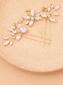 3pcs Gold-Color Crystal Hair Clips, Asymmetrical Hairpins, Bridal Headpieces Wedding Accessories Valentine's Day Accessories - Gold - View 2