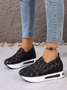 秋冬女士厚底厚底蕾丝刺绣休闲一脚蹬运动鞋，时尚白色运动鞋 - 黑色 - 查看 5