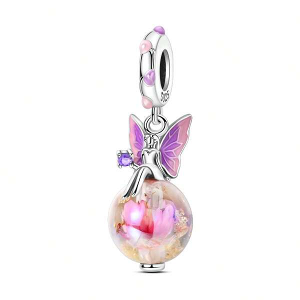 Spring Collection Fairy Butterfly Charm - 925 Silver Pendant With Floral Accents Beads, Whimsical Jewelry Gift For Couple, Sisters Birthday Gift