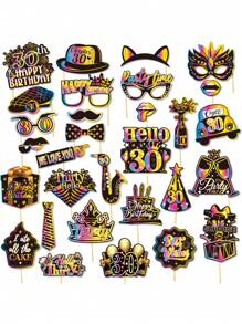 30pcs 30th Birthday Decoration Photo Props, Unisex, Black & Gold Rainbow 30th Happy Birthday Selfie Props Set, With Stick Party Supplies Gift, 30th Birthday Celebration Photo Decoration Props (40th, 50th, 60th, 70th Birthday)