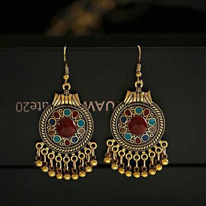 1 对波西米亚风复古圆形彩绘铃铛耳环，适合日常佩戴