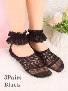 3 Pairs Women's Thin Lace Trim Breathable Elastic Ankle Leg Warmers, Low Vamp Boat Leg Warmers, Kawaii Cute