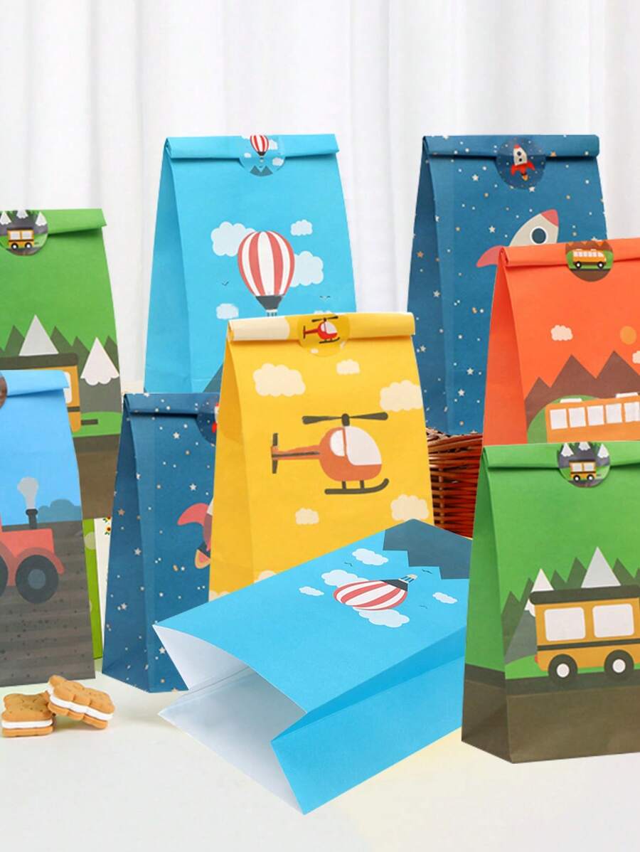14pcs/Pack Cartoon Vehicle Design Gift Bags, Party Favor Candy Bags For Holiday Celebration - Multicolor - View 1