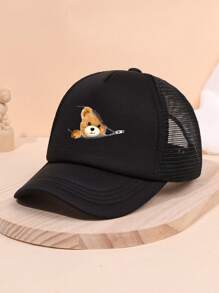 1pc Children Cartoon Bear Printed Baseball Cap, Mesh Breathable Sunshade Fashion Snapback Hat, Suitable For Outdoor Sun Protection, Gift