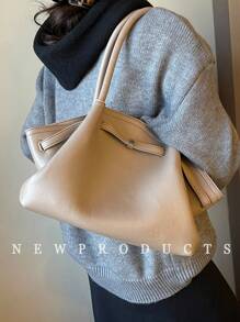 1pc Solid Color PU Leather Shoulder Bag For Women, Vintage Fashion Large Capacity Handbag With Double Handles And Snap Closure, Suitable For Travel, Shopping, Dating, Gift For Ladies, Fit For Teenagers, College Girls, Office Workers, Suitable For Office, School, Work, Business, Commute, Outdoor, Travel, Outing - Khaki - View 5