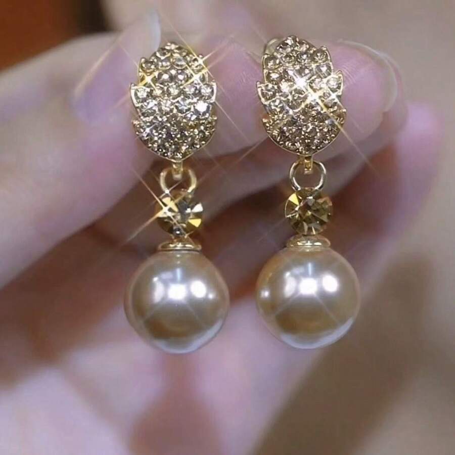1 Pair Champagne-Color Fully Rhinestoned Leaf Pearl Drop Earrings, Unique High-End Design Versatile Dangle Earrings