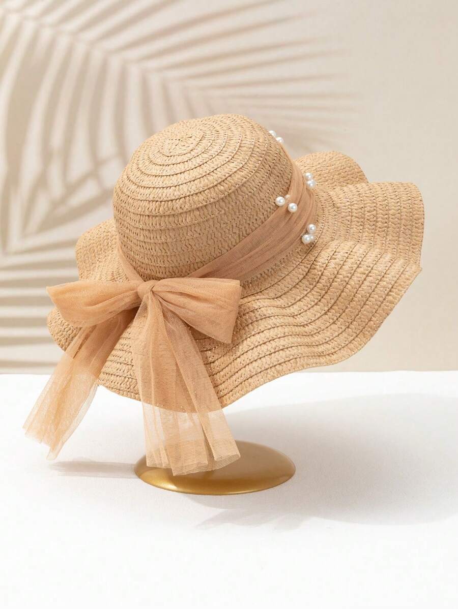 1pc Girls' Tulle Faux Pearl Bow Decor Cute Casual Khaki Wavy Straw Hat/Sun Hat, Suitable For Outdoor, Daily Wear, Beach Holiday, Children's Gift, Party, Wedding, Eid Al-Adha Gift