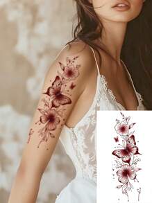 2 件可洗临时纹身，PVC 手臂花卉和蝴蝶图案，时尚花卉风格，适合手臂、腿部、颈部日常使用