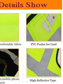 High-Visibility Reflective Vest - Multiple Pockets, Unisex, Lightweight & Breathable (No Overheating) - Ideal For Outdoor Cycling/Construction/Sanitation - ANSI/ISEA Compliant - Phối hợp màu xanh lá cây và đen - Xem 4