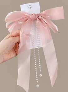 1个女士粉色超长丝带网纱蝴蝶结仿珍珠流苏发夹，甜美可爱，优雅时尚，适合日常佩戴，可固定在后脑勺。粉色配饰，情人节爪夹，发爪，发卡，蝴蝶结，发饰，情人节配饰，发夹 - 粉色 - 查看 7