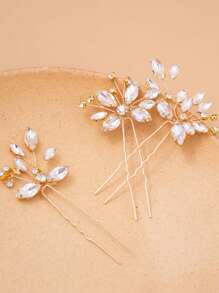 3pcs Gold-Color Crystal Hair Clips, Asymmetrical Hairpins, Bridal Headpieces Wedding Accessories Valentine's Day Accessories - Gold - View 1