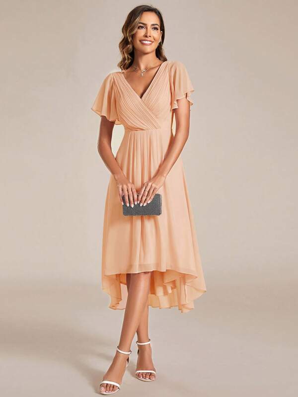 EVERPRETTY Elegant Coral Pink Asymmetric Hem Ruffle Sleeve V-Neck Bridesmaid Dress, Formal Evening Gown For Wedding Guest
