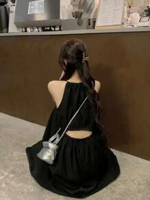 夏季女士独特设计吊带连衣裙，新款娇小长款派对连衣裙黑色 - 黑色 - 查看 9