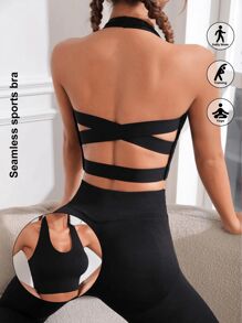 Sujetador con espalda cruzada y aumento de pecho para mujer - Sujetador de cuello halter, adecuado para uso diario, yoga, ropa exterior