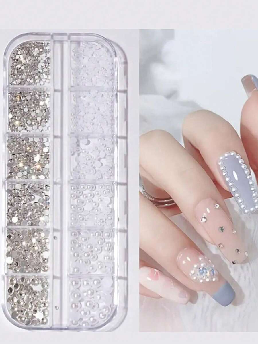 12 格平底美甲水钻和美甲珍珠方形/圆形水晶美甲宝石，适合 DIY 或美甲沙龙 - 彩色 - 查看 1