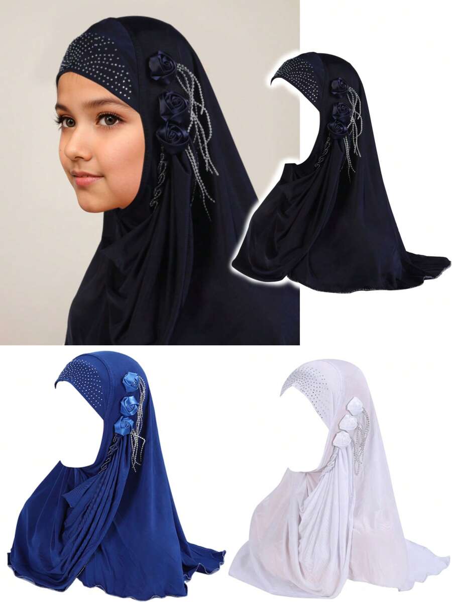 1 pieza Hijab árabe para niñas de 12 a 16 años, pañuelo para la cabeza islámico con rhinestones para niña y niñas, hijab decorado con cadena con pliegues y flores - 1PC - Ver 1