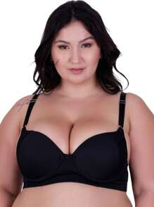 Reinforced Lace Bra With Padded Cups, Plus Size Support Bra - Black - View 3