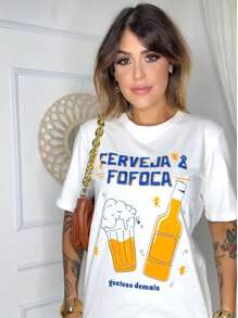 Camiseta Feminina Verão CERVEJA & FOFOCA Blusa Algodão Premium
