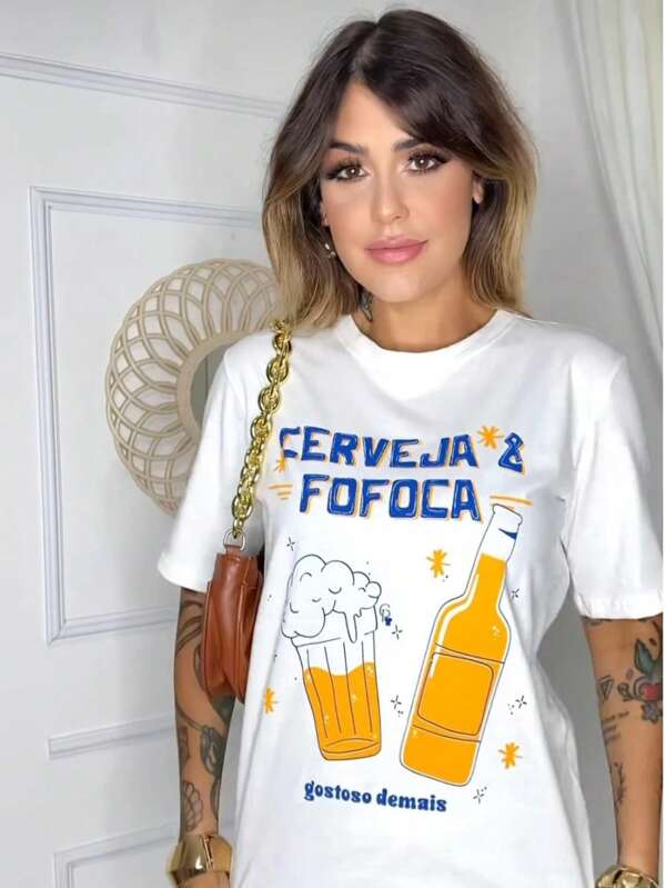 Camiseta Feminina Verão CERVEJA & FOFOCA Blusa Algodão Premium