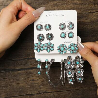 6-18pcs/Set Bohemian Style Exaggerated Oval Floral Geometric Turquoise Jewelry Set, European And American Inspired