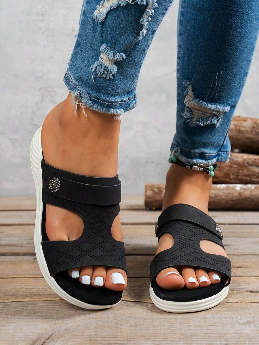 Soft Bottom, Breathable Peforated Sandals For Women, Thick Sole, Summer Travel, Mom Sandals, New 2025 EU/US, Lightweight, Non-Slip, Hollow, Open Toe, Wide Fit, Casual, Travel, Beach Sandals