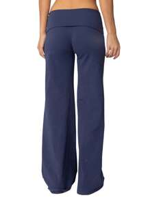 Women Y2k Palazzo Yoga Pants Fold Over Flare Leggings Low Rise Solid Color Stretch Casual Wide Leg Pants Comfy Lounge Pants Bootcut Bell Bottoms Baggy Sweatpants Streetwear - Màu xanh hải quân - Xem 5