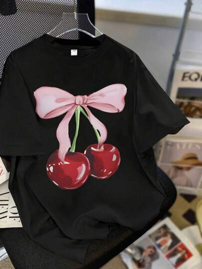 少女宽松大码休闲甜美粉色蝴蝶结樱桃印花休闲圆领套头短袖T恤新款春夏