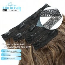 Clip In Hair Extensions, 14inch Short Wavy Curly Clip In Hair Extensions For Women 4Pcs Synthetic Beach Wavy Hair Extensions Invisible Lace Weft Hairpiece For Women - Golden Chestnut with Highlights - 查看 4