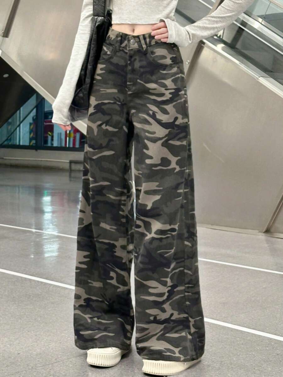 复古美式工装迷彩牛仔裤，女款，阔腿及踝长裤，随机布料 - 迷彩色 - 查看 1