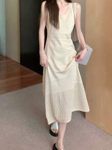 U-Neck Hollow Out Strap Dress, Casual Minimalist Elegant Waist Design Vacation Style Sweater Dress For Women, Autumn - Apricot - View 8