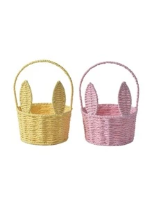 1 件兔耳编织收纳篮 - 多功能可爱，适合复活节、万圣节、圣诞节 | 送给朋友和家人的完美礼物，迷你手工编织卡通耳朵花篮，纸绳插入花篮，纪念品鲜花篮，创意收纳篮