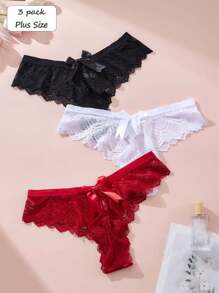 FOVTY 3 PCS Plus Size Pack Women's Bow Knot Lace Sexy Thong Bra Panties Lingerie Ladies Breathable Simple Romantic Underwear - Multicolor - View 1