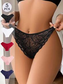 Lace Briefs Sexy Women Seamless Low Waist Panties Wave Edge Transparent Hollow Thongs Underwear Set Comfy Lingerie Panty Intimates Invisible Breathable Underpants Soft Fabric Safety Shorts Floral Ladies Thong Stretchy Invisible Triangle Brief Minimalist & Fashionable For Daily Wear - Multicolor - View 2