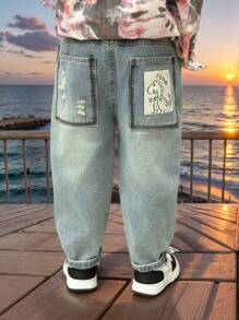 Young Boys' Spring Cartoon Print Denim Jeans - Blue - View 1