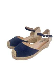 Calzado Estilo. Sandalias mujer de cuña 6,5 cm, estilo valenciana con esparto trenzado, cómodas y ligeras, ideales para primavera y verano, perfectas para combinar con vestidos - Azul Marino - Ver 2