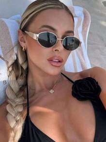 2pcs/1pc Set Women Metal Frame Oval Fashionable Eyeglasses, Unisex Metal Frame Fashion Eyeglasses, INS Retro Street Style Eyeglasses With Travel Beach Accessories, Suitable For Daily Use And Outdoor Activities For Summer Beach Vacation,Outdoor,Travel