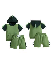 Toddler Boy Summer Clothes Dinosaur Short Sleeve Hood T-Shirt Elastic Waist Pocket Shorts Outfit - Green - View 9