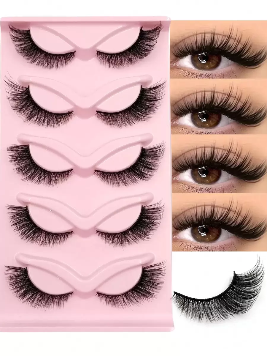 Asiteo 5 Pairs Cat Eye False Eyelashes, Flared Ends, Elongate Eyes, Natural & Fluffy, Makeup Lashes - 黑色 - 查看 1