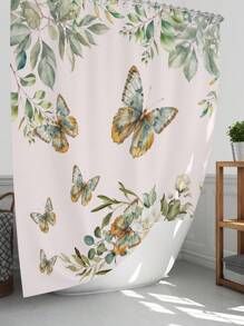 1pc/4pcs Floral Plant & Butterfly Functional Bathroom Decor Set, Includes Waterproof Shower Curtain With 12 Hooks, Anti-Slip Mat, U-Shaped Toilet Mat And Round Toilet Lid Cover, Suitable For All Bathroom Scenes