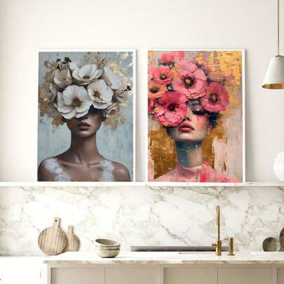 2 stuks canvas bedrukt decoratief schilderij, portret van een vrouw met felroze bloemen op haar hoofd, gouden bloemblaadjes omtrek, decoratieve kunst voor binnen aan de muur - canvas (ingelijst) cadeaus verjaardag afstuderen