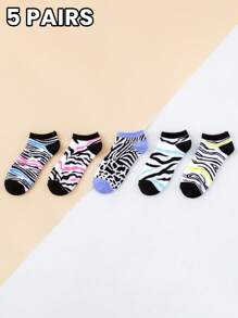 5 Pairs Women's Socks Zebra Print Black & White No-Show Breathable Casual Socks For Daily/Travel/Gym (Summer)