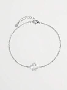 Vaerine 1 pieza Brazalete elegante y minimalista de plata de ley 925 con diseño hueco de trébol de cuatro hojas y circonita cúbica, adecuado para citas, fiestas y uso diario para mostrar Charm, regalo para mujeres - Plateado - Ver 4