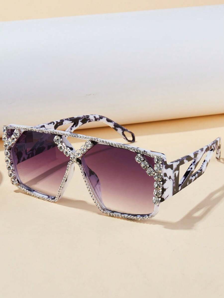 1pc/2pcs Women Fashion Sunglasses 2025 New Geometric Hollow Rhinestone Inlaid Design, Birthday Gift, & Christmas Product, Suitable For Sun Protection, Outdoor, Cycling, Stage Performance, Party & Gathering - Black and White - View 1
