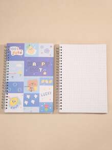 1 件装卡通格子印花线圈笔记本创意加厚A5书写、工作、记事本颜色随机