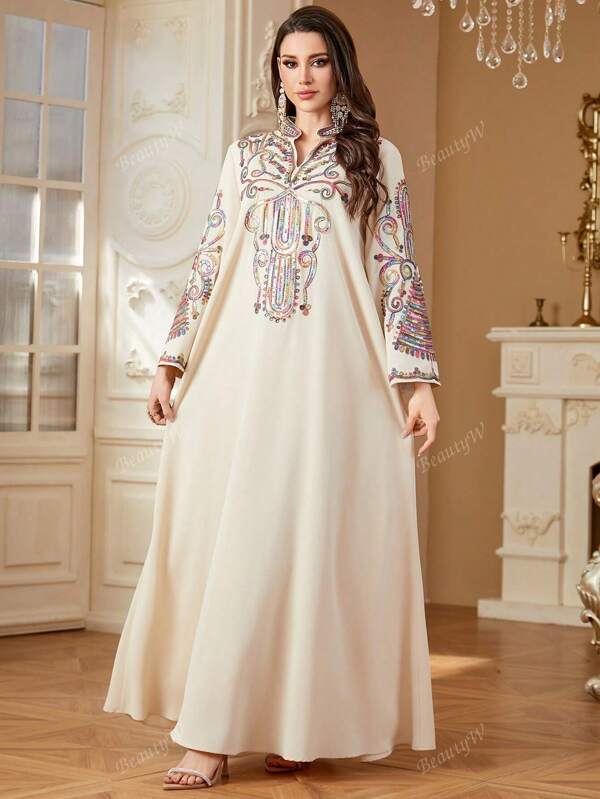 Vestido elegante y lujoso de moda musulmana bordado, estilo árabe, Kaftán modesto