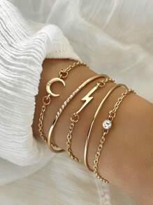 5 件套时尚闪电和新月水钻装饰多层手链女士