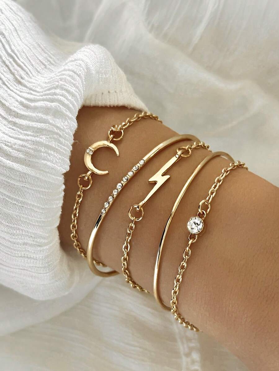5 件套时尚闪电和新月水钻装饰多层手链女士