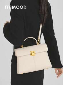 ITAMOOD 极简主义复古奢华正品 Togo 头层卵石纹牛皮优雅设计师灵感手袋和顶部手柄手提包，轻便商务休闲翻盖单肩包和腋下包和腋下钱包，百搭可调节斜挎包和单肩包和挎包，适合少女 - 米色 - 查看 4