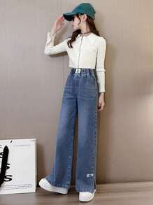 Girls' Fashion Single Rabbit Patch Slit Wide Leg Jeans For Tween Girl/Teens, Spring - Blue - View 3